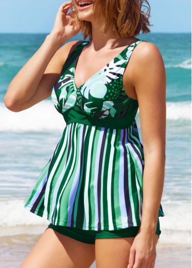 Modlily Dark Green Striped Wide Strap Tankini Set - M