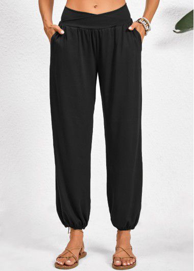 Modlily Black Pocket Jogger Elastic Waist High Waisted Pants - 3XL