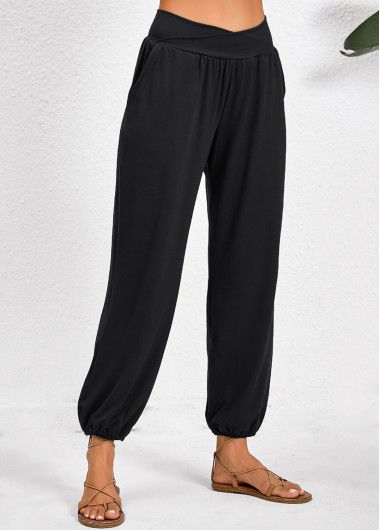 Modlily Black Pocket Jogger Elastic Waist High Waisted Pants - 3XL