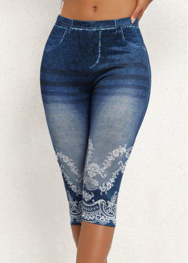 Modlily Denim Blue High Waisted Capri Elastic Waist Leggings - M