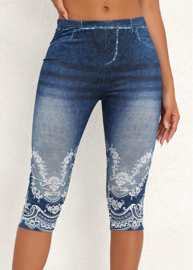 Modlily Denim Blue High Waisted Capri Elastic Waist Leggings - M