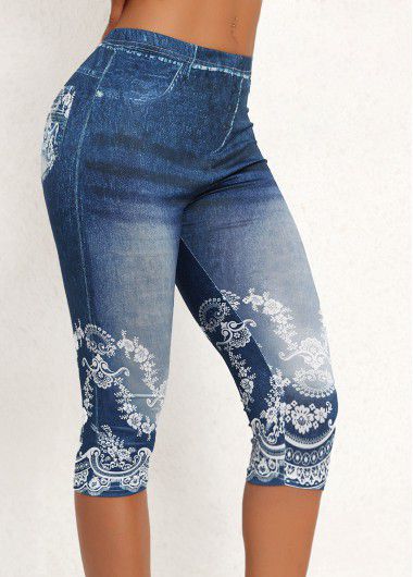 Modlily Denim Blue High Waisted Capri Elastic Waist Leggings - M