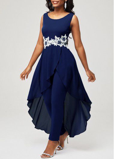 Modlily Navy Blue Lace Stitching Faux Two Piece Jumpsuit - M