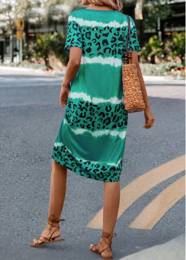 Modlily Green Leopard H Shape Short Sleeve Dress - L