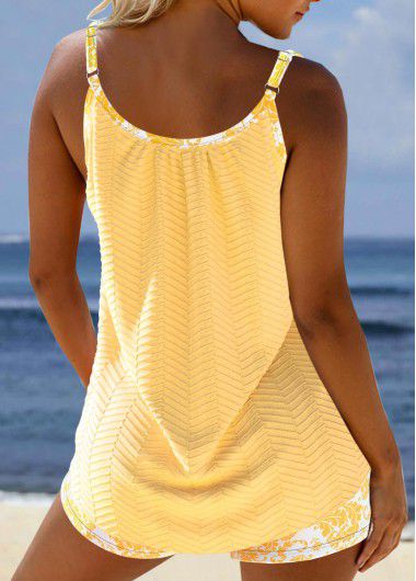 Modlily Jacquard Floral Print Light Yellow Tankini Set - XXL
