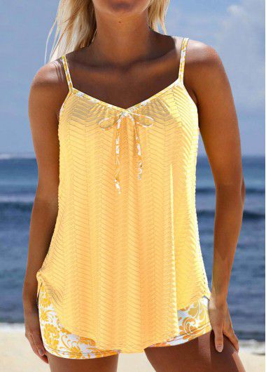 Modlily Jacquard Floral Print Light Yellow Tankini Set - XXL