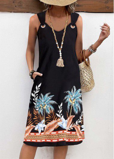 Modlily Black Circular Ring Leaf Print A Line Sleeveless Dress - XL