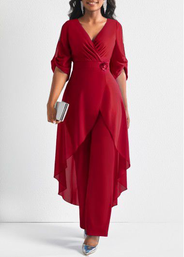 Modlily Flower Decoration Chiffon Wine Red Jumpsuit - M