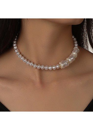 Modlily White Asymmetric Pearl Detail Round Necklace - One Size