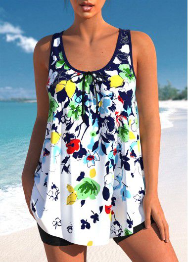 Modlily Bowknot Floral Print Multi Color Tankini Top - S