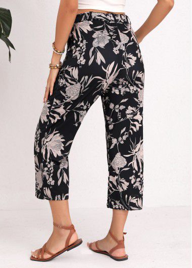 Modlily Black Floral Print Belted Regular Elastic Waist Pants - 2XL