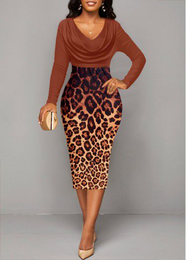 Modlily Dark Coffee Patchwork Leopard Long Sleeve Bodycon Dress - XXL