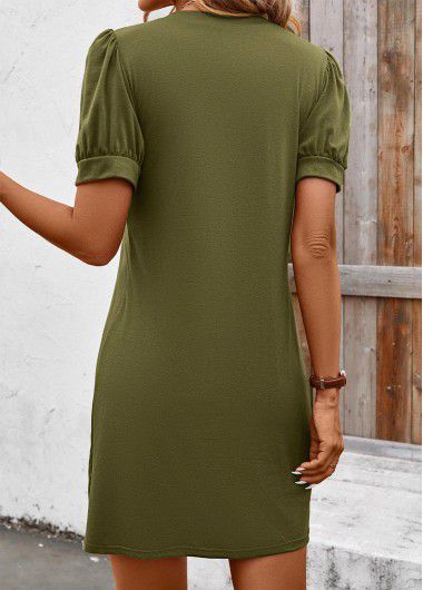 Modlily Olive Green Tuck Stitch Short Split Neck Dress - L