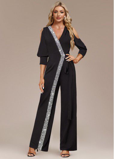 Modlily Black Metal Ring Cold Shoulder Jumpsuit - XXL