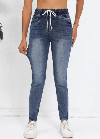 Modlily Denim Blue Pocket Regular Elastic Waist High Waisted Jeans - L