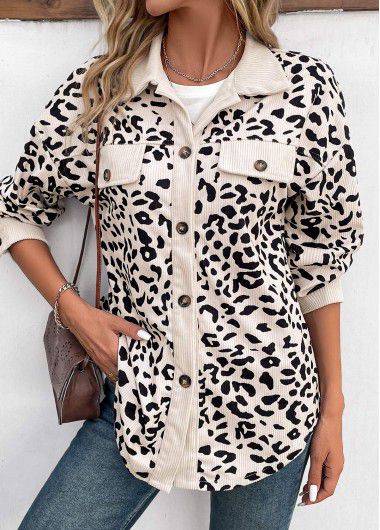 Modlily Beige Patchwork Leopard Long Sleeve Shirt Collar Coat - M