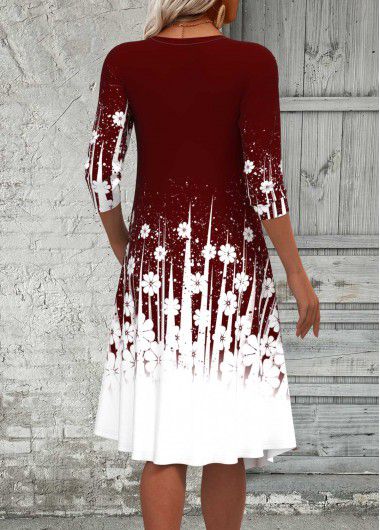 Modlily Wine Red Fake 2in1 Floral Print A Line Dress - XXL