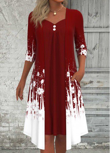 Modlily Wine Red Fake 2in1 Floral Print A Line Dress - XXL