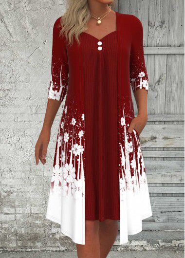 Modlily Wine Red Fake 2in1 Floral Print A Line Dress - XXL