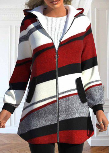 Modlily Wine Red Pocket Geometric Print Long Sleeve Hooded Coat - XXL