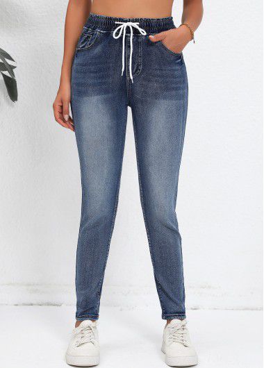 Modlily Denim Blue Pocket Regular Elastic Waist High Waisted Jeans - L