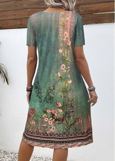 Modlily Green Tummy Coverage Floral Print Short Sleeve Dress - XL