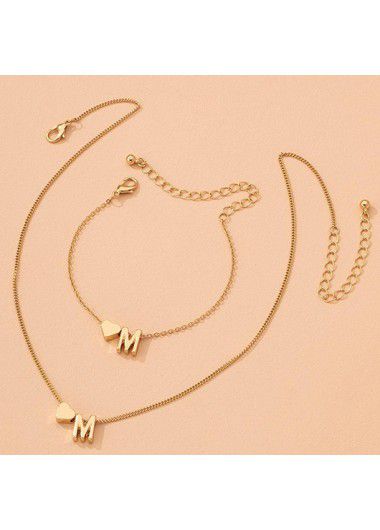 Modlily Vintage Metal Heart Letter Gold Necklace and Bracelet - One Size