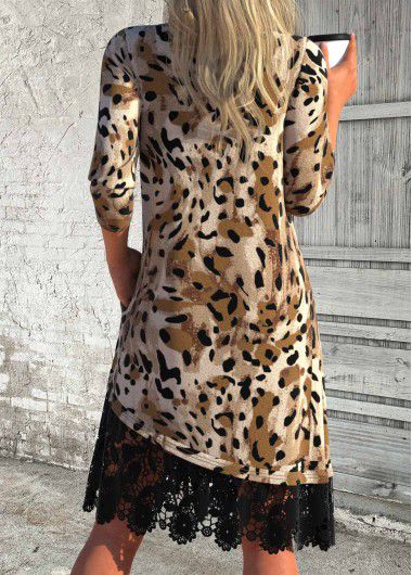 Modlily Dark Coffee Patchwork Leopard A Line Long Sleeve Dress - XXL
