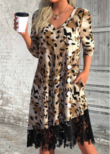 Modlily Dark Coffee Patchwork Leopard A Line Long Sleeve Dress - XXL