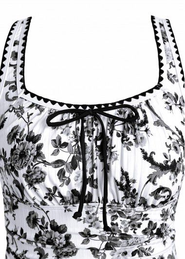 Modlily Drawstring Random Floral Print Black One Piece Swimwear - XXL