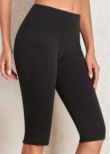 Modlily Black Mid Waisted Knee Length Elastic Waist Leggings - L