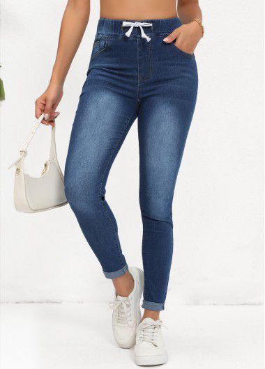 Modlily Denim Blue Pocket Skinny Elastic Waist High Waisted Jeans - L