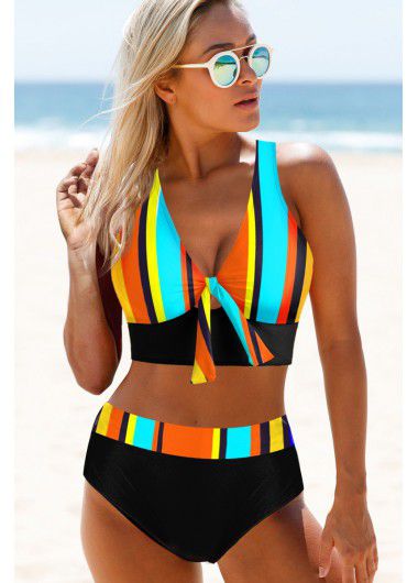 Modlily Rainbow Stripe Criss Cross Back Bikini Set - XL