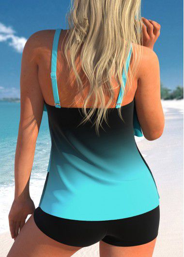 Modlily Ombre Cyan Layered Hem Spaghetti Strap Tankini Top - L