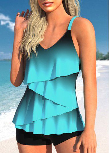 Modlily Ombre Cyan Layered Hem Spaghetti Strap Tankini Top - L