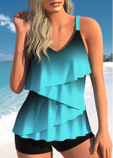 Modlily Ombre Cyan Layered Hem Spaghetti Strap Tankini Top - L