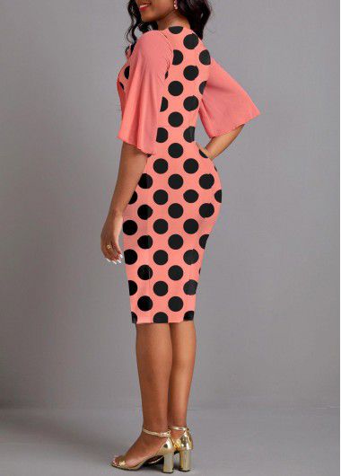 Modlily Coral Asymmetry Polka Dot Half Sleeve Bodycon Dress - L