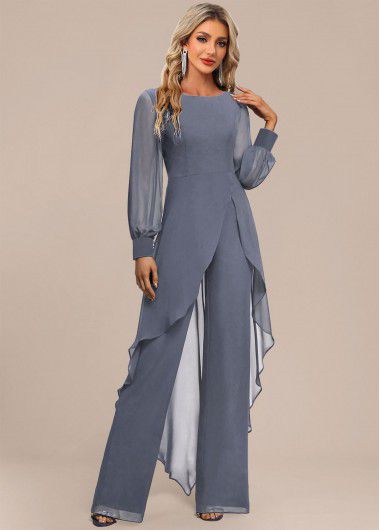 Modlily Dusty Blue Patchwork Long Scoop Neck Jumpsuit - XL