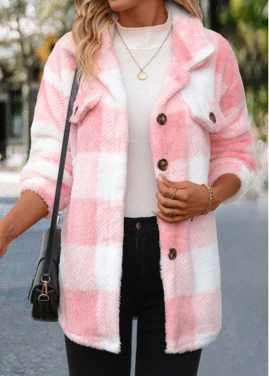 Modlily Light Pink Button Plaid Long Sleeve Coat - M