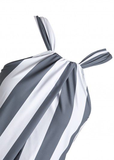 Modlily Criss Cross Striped Grey One Piece Swimwear - M