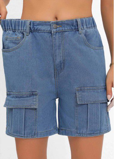 Modlily Denim Blue Double Side Pockets Button Fly Shorts - L