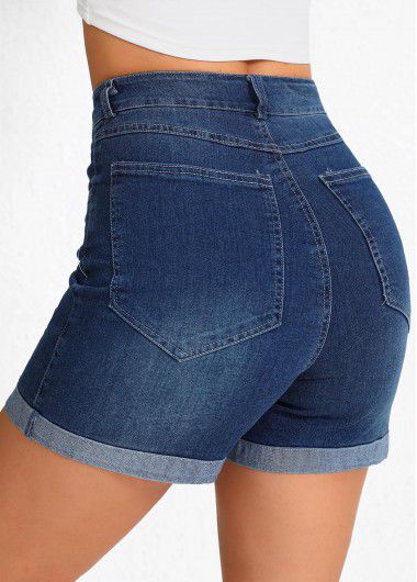 Modlily Denim Blue Pocket Regular Button Fly High Waisted Shorts - 2XL