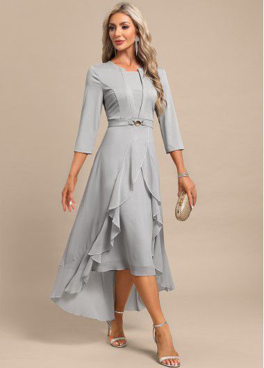 Modlily Light Grey Fake 2in1 High Low Split Neck Dress - XL