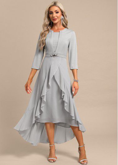 Modlily Light Grey Fake 2in1 High Low Split Neck Dress - XL