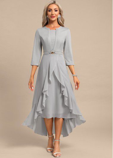Modlily Light Grey Fake 2in1 High Low Split Neck Dress - XL