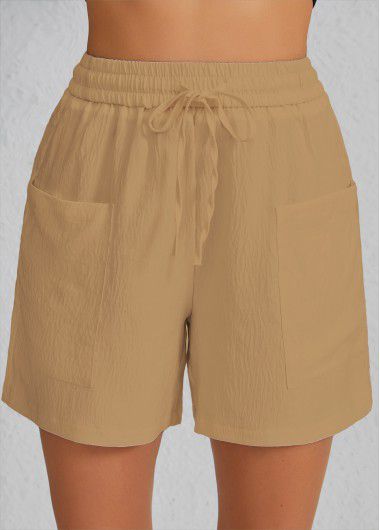 Modlily Light Camel Pocket Elastic Waist High Waisted Shorts - 4XL