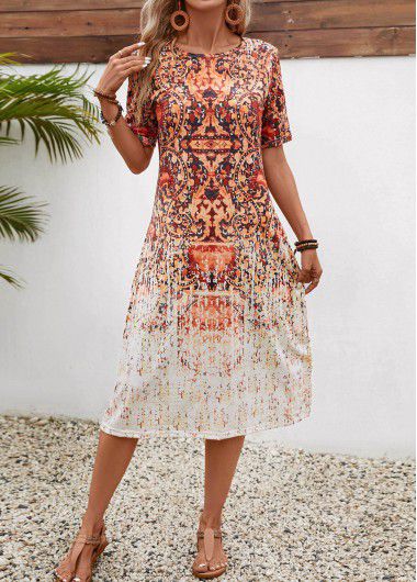 Modlily Brick Red Lightweight Tribal Print A Line Dress - 3XL