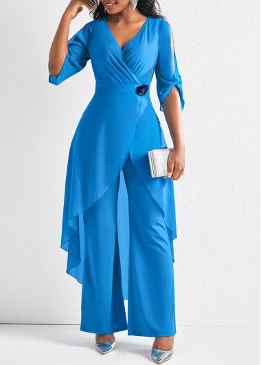 Modlily Light Blue Lightweight Long Half Sleeve V Neck Jumpsuit - M