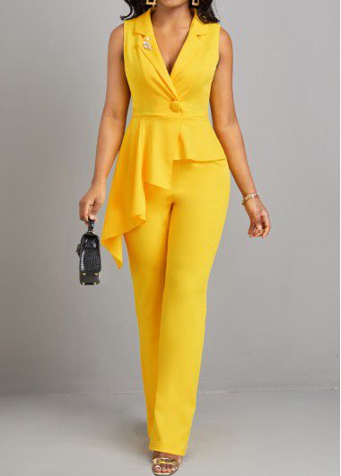 Modlily Yellow Patchwork Button Detail Asymmetric Jumpsuit - XL