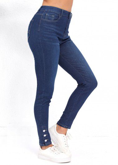 Modlily Denim Blue Pocket Skinny Button Fly High Waisted Jeans - XL